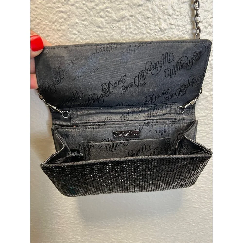 Whiting & Davis Black Rhinestone Evening Chain Clutch Metal Mesh Satin Interior